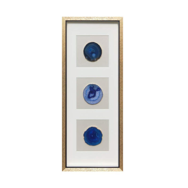 ARTECORS Modern 13x34 inch Trio Blue Agate Framed Wall Art 4 inch Golden Plated Geode Stone Artwork for Living Room Bedroom Home DÃ©cor - Image 1